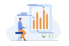 Man with laptop analyzing infographics. Diagram, bar chart, report flat vector illustration. Analysis, marketing, project manager concept for banner, website design or landing web page